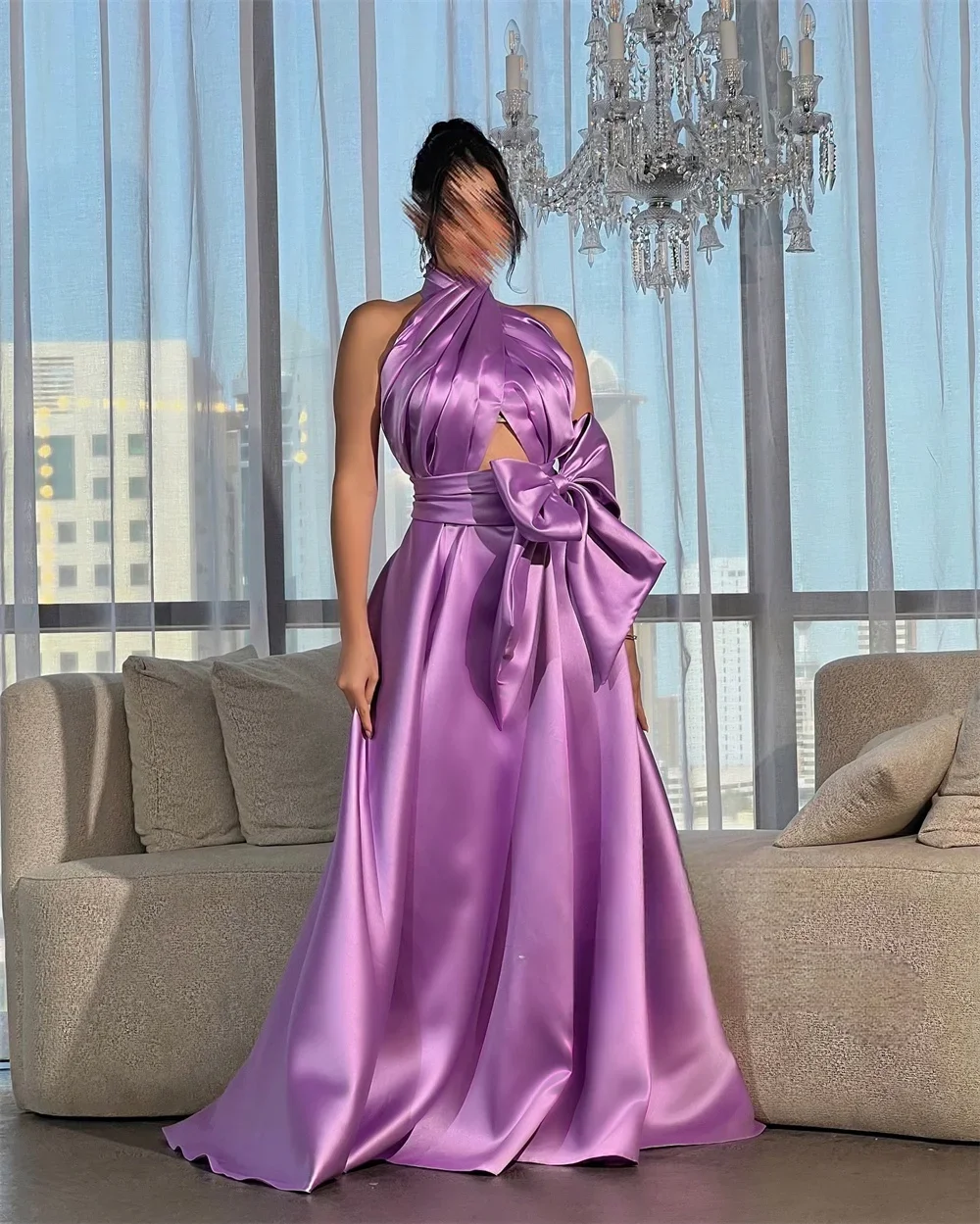 Prom Dress Formal Dearin Halter A-line Floor Length Open Back Skirts Draped Sleeveless Bows Fold Bespoke Occasion Dresses Saudi