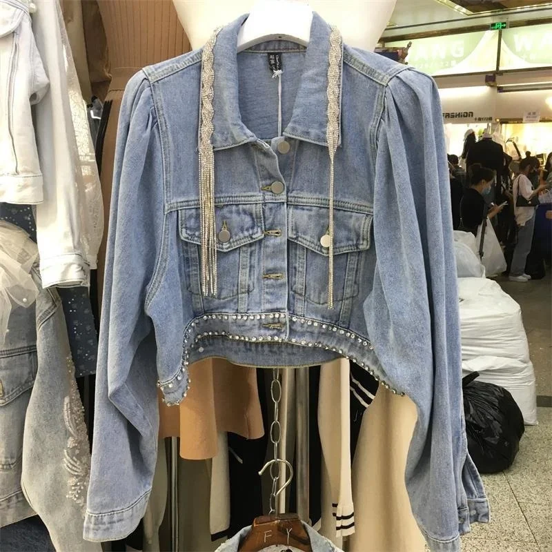 

Spring Autumn New Diamond Tassel Light Blue Short Denim Coat Women Puff Sleeve Single-breasted Jeans Jacket Casual Veste Femme