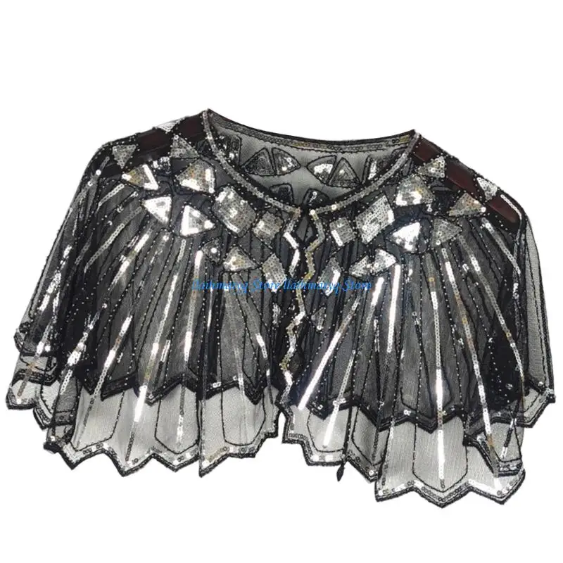 573B Sparkling Sequins Embellished Mesh Shawl Openwork Capelet With Beaded Detailing For Evening Party Bridal Accessory