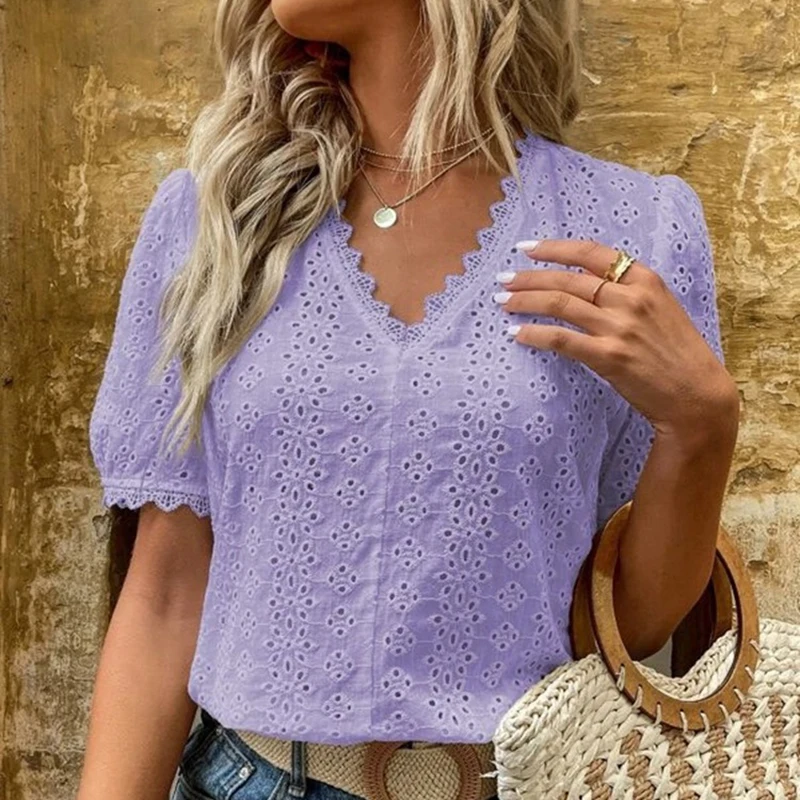 Fashion Woman Blouses 2023 Summer Hollow Out Lace Shirt V-neck Puff Sleeve Leisure Elegant Pullover Blouse New Office Lady Tops