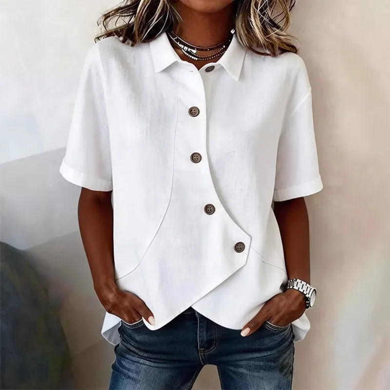 

Summer Vintage Irregular Printed Women's Shirt Top Solid Color Single Breasted Breathable Short Sleeved Shirt for Office Top