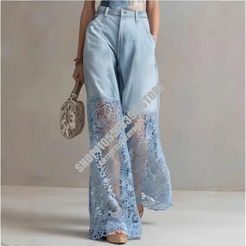 

Fashionable and elegant light blue lace patchwork jeans for women's summer jeans