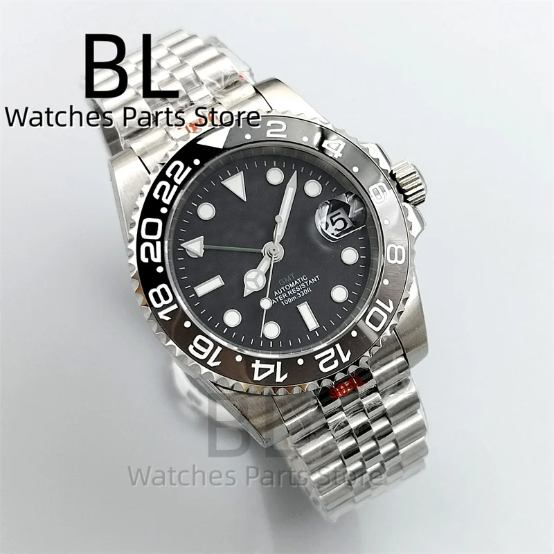 BLIGER 40mm NH34 GMT Watch For Men With Black Gray Ceramic Bezel Sapphire Glass Green Gmt Hands Green GMT Text Jubilee Bracelet