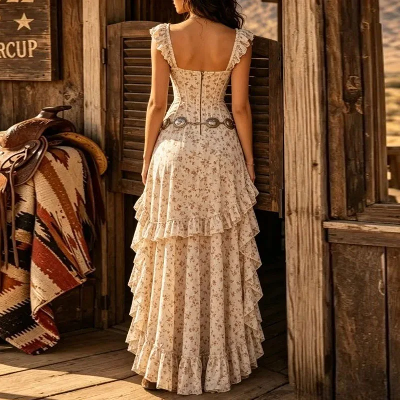 Women Floral Print Maxi Dress Corset Bustier Ruffle Strap High‑Low Slit Hem Tiered Ruffle Western Boho Beach Evening Party Dress