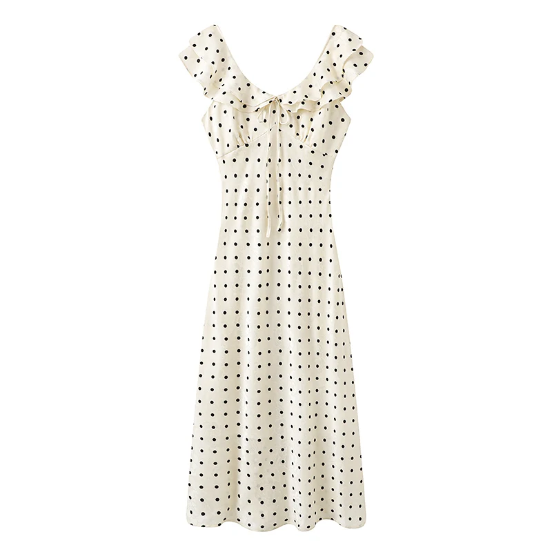 Ele High Waist A-Line Dr with Polka Dot Print Sa V-Ne ort Sve Midi Dr Satin Fabric Summer Faion 2025