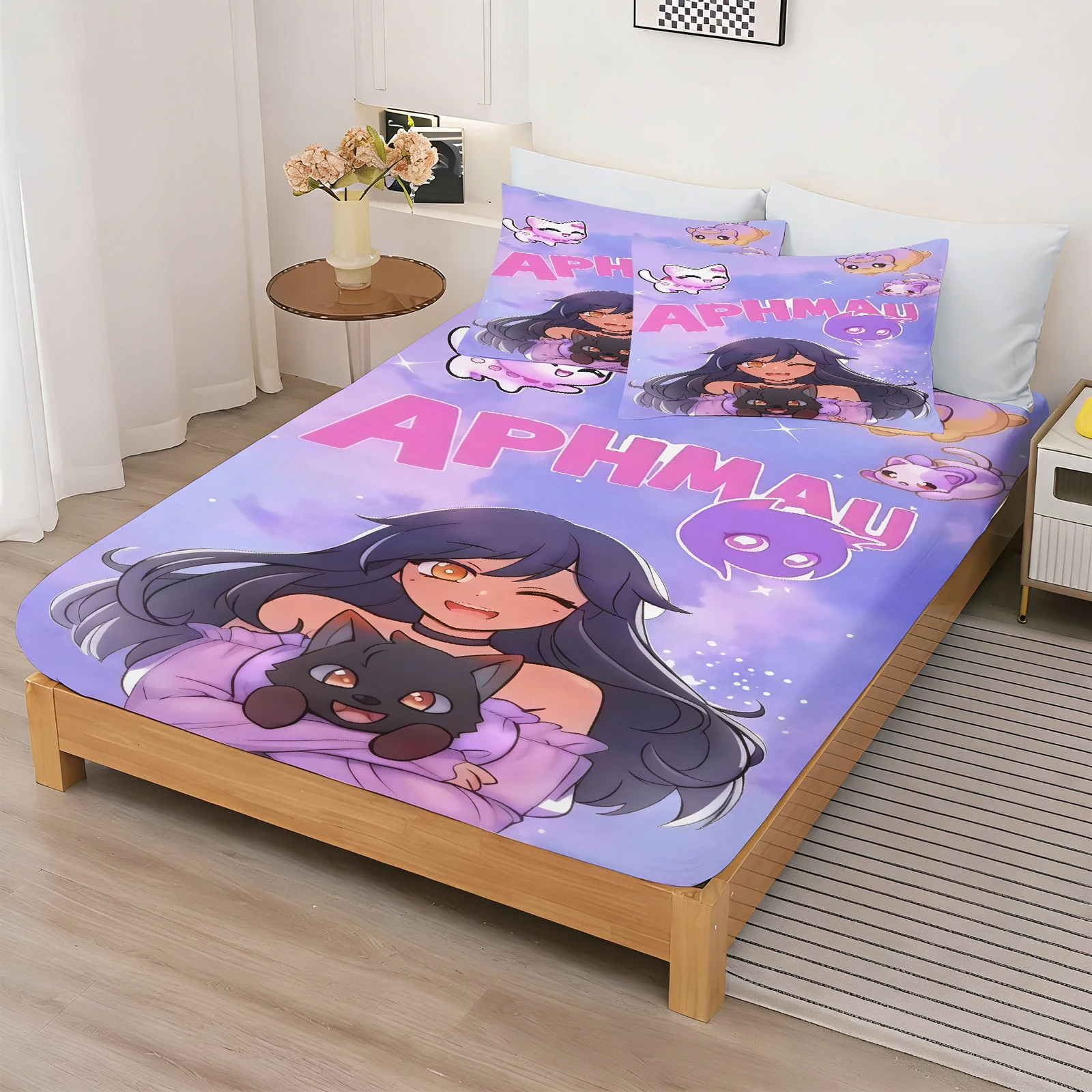 Fitted Sheet Children  Kawaii Cartoon Aphmau Coverage Baby Teenager Sheets Cover Elastic Bedding Cute Digital Printing