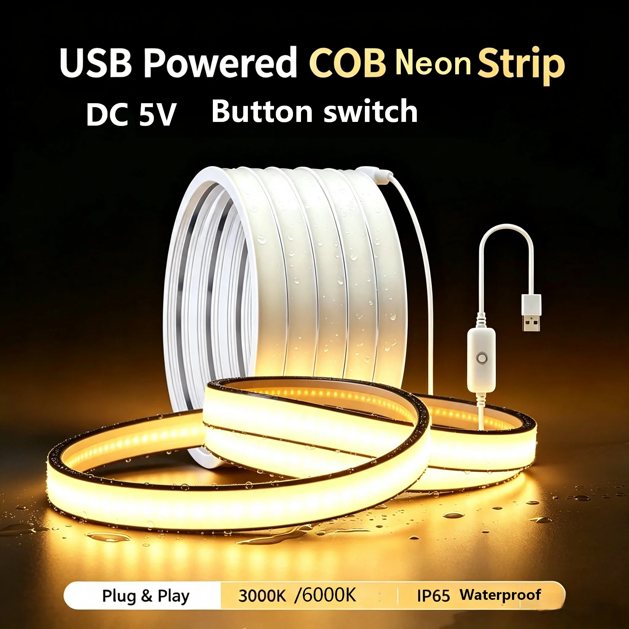 Cob Neon Led Strip, Dc5V USB Type-A Physical Button Switch, High-Density Led Beads, High-Brightness Neon Led Strip, Ip65 Waterproof, Suitable for Indoor Ceiling, Kitchen Cabinets, Sofa, Hallway Decoration