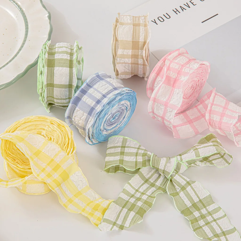 Wrinkled Fabric Ribbon Ruffled Gingham Ribbon Puffed Check Ribbon Soft For Cake Packaging Photography Backdrop Decoration Diy