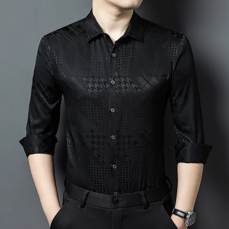 

Satin Jacquard Coolness Shirts For Men Long Sleeve Silk Blends Summer Quality Skin-Friendly Smart Casual Lapel Camisas De Hombre