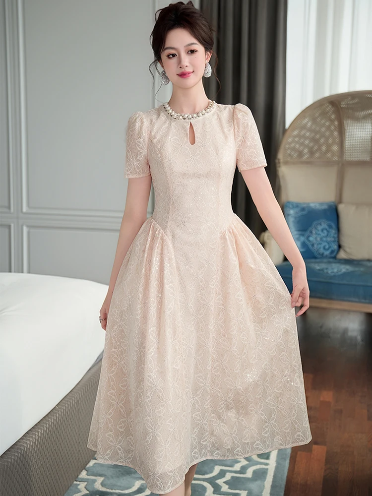 Elegant Sweet Lace ชุดเย็บปักถักร้อยเสื้อผ้าผู้หญิงอย่างเป็นทางการโอกาสเพิร์ลเลื่อม Swing ยาว Robe หญิง Party Prom Vestido Lady