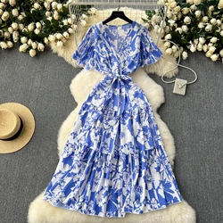 2026 Women Floarl Dress Vintage V-Neck Short Sleeve Printed A-Line Elegant Midi Vestidos New Summer Female Casual Robe Bohemian
