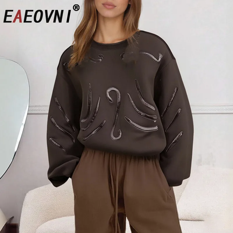 

EAEOVNI повседневный пуловер с вышивкой, женский винтажный свитшот с круглым вырезом и длинными рукавами, однотонные топы, универсальный, новинка 2026, новинка