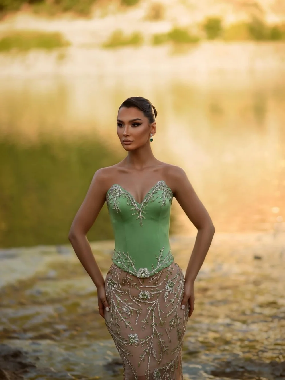 Stunning Olive Nude Contrast Evening Dress 2026 Boned Bodice Floral Beaded Mermaid Party Dress For Wedding Guests فساتين سهرة