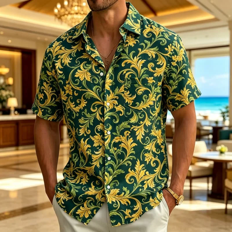 Men's Dark Green Golden Baroque Floral Print Short Sleeve Shirt Lapel Button Placket Luxe Indoor Occasion Mens Clothes