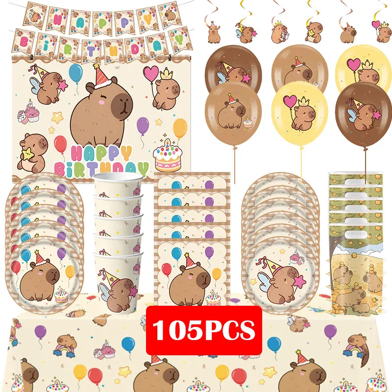 Happy Capybara Birthday Decorations Party Supplies Cups Plates Tablecloth Capybara Balloons Gift Bags Banner Decor for Children