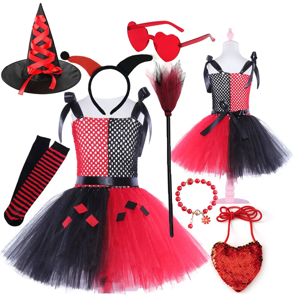 

2025 Girl Cosplay Black and Red Clown Sling Puffed Sleeveless Dress Halloween Girl Playing Witch Horror Dress+Hat + Broom Set