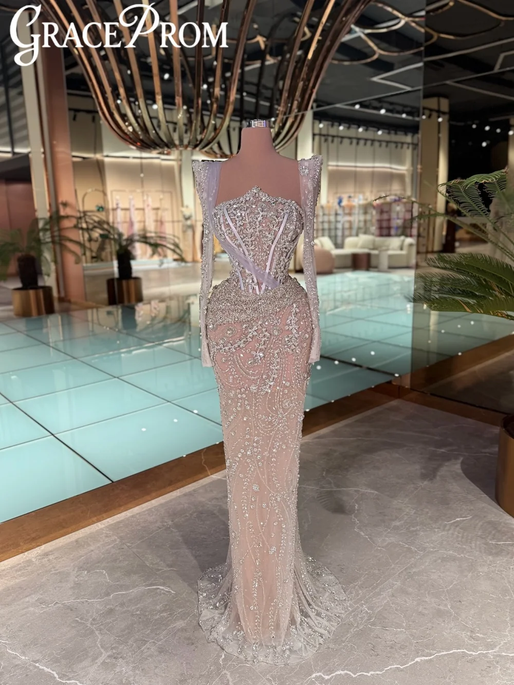 

Floor-length Silver Crystal Evening Dress Strapless Long Sleeved Formal Party Gown 2026 New Customized Illusion Red Carpet Gown