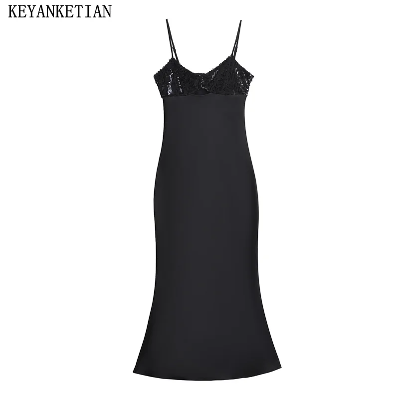 

KEYANKETIAN 2024 New Launch Women's Luxury Sequined Decoration Sling Dresses Elegant Sexy Backless Black Ankle Formal Dress