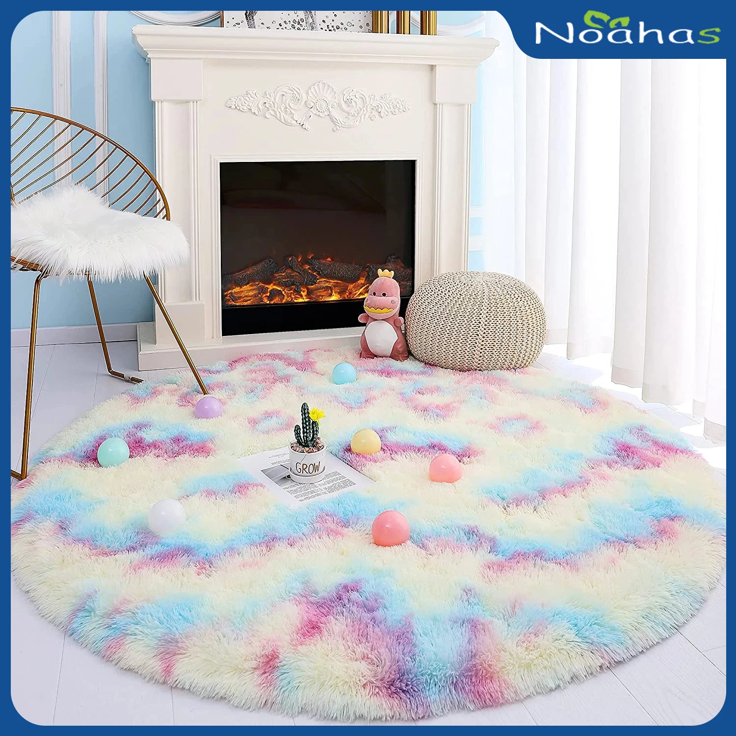 Noahas Round Rainbow Rug For Girls Kids Bedroom Rugs Circular Fluffy Carpet Princess Castle Furry Area Children's Rug Room Decor