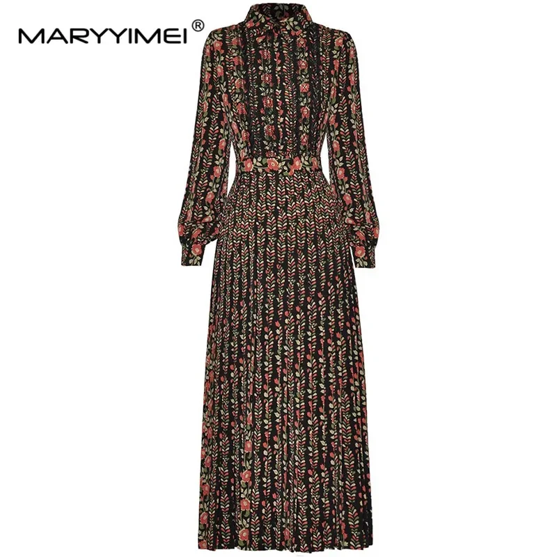 

MARYYIMEI New Fashion Runway Designer Women's Lapel Long Sleeve Single Breasted Lace-Up Print Embroidery Big Swing Pleated Dress