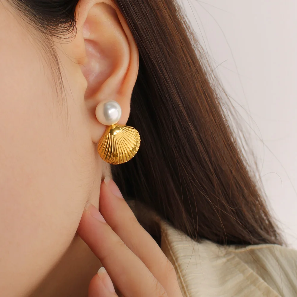 USENSET High Quality Stainless Steel Textured Sea Shell Stud Earrings PVD 18K Gold Plated Anti Allergic Women Bijoux