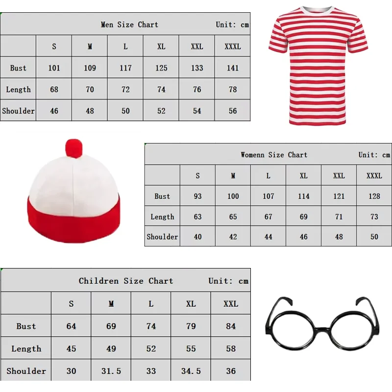 Cartoon Where Wally Cosplay-Kostüme, rotes Streifen-T-Shirt mit halben Ärmeln und Hut, Brille, Halloween-Cosplays-T-Shirt für Kinder und Erwachsene