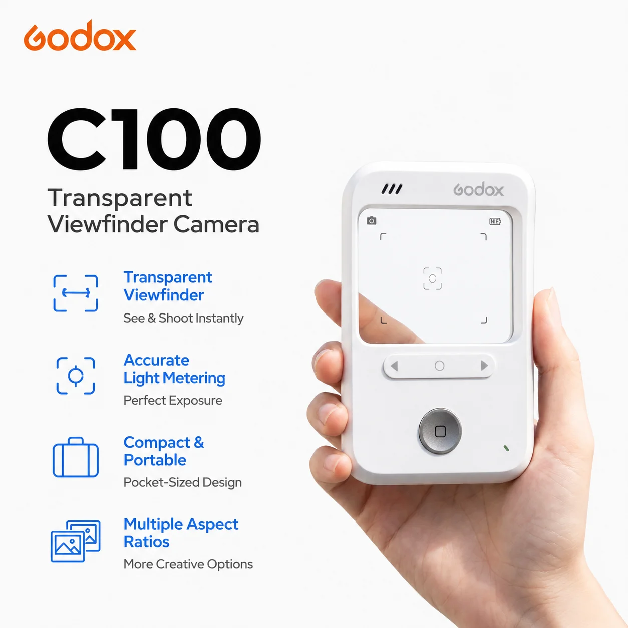 Photography Lighting Godox - ゴドックスC100レトロCCDデジタルカメラ、透明ビューファインダー、ポータブルVlog自撮りカメラ、ポケットカメラ、日常旅行記録用