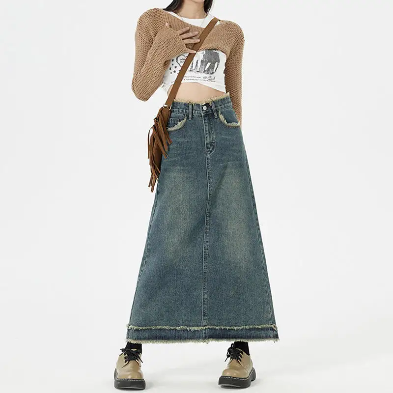 

Retro Faded High Waist Denim Skirt Women's Autumn Winter New Sle Korean Version Bodycon Long Skirt with Frayed Hem