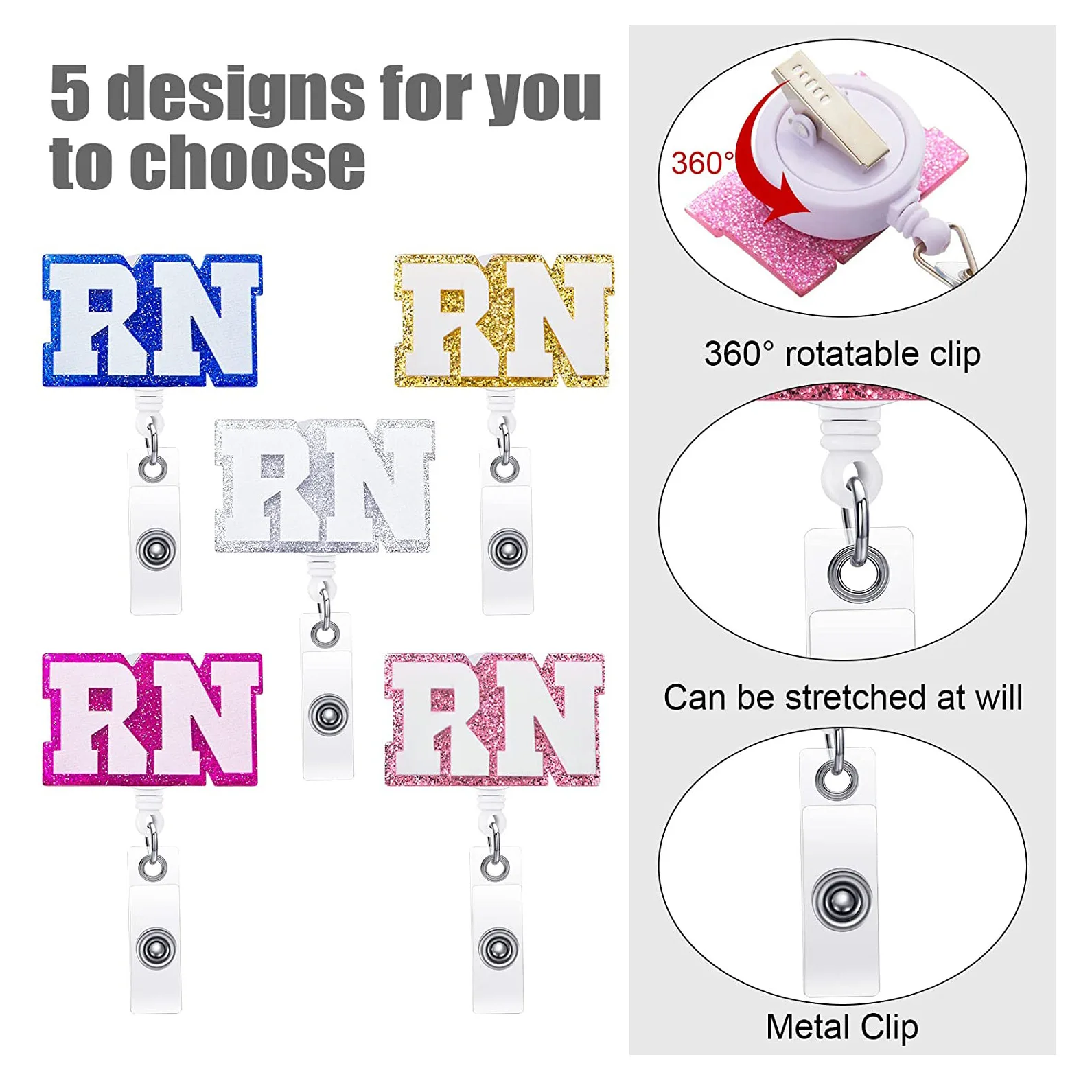 RN Letter Shiny Acrylic Nurse Doctor Hospital Retractable Badge Reel Exhibition Name Card Holder Keychains Brooches