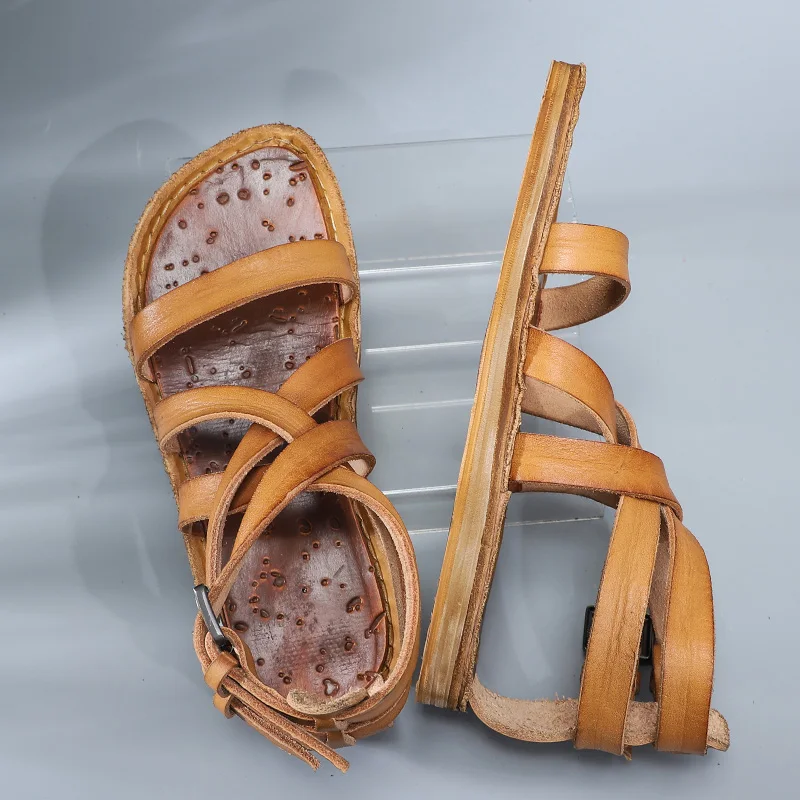 

Винтажные тканые сандалии ручной работы из воловьей кожи, мужские сандалии-гладиаторы с высоким берцем, женская повседневная пляжная обувь