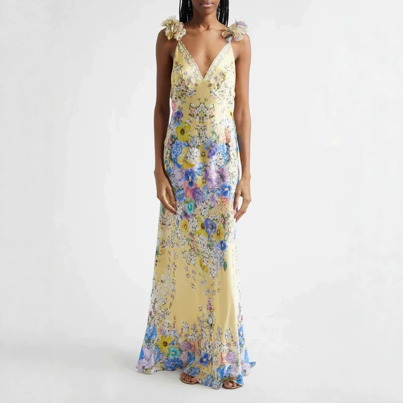100% Silk Floral Print Sleeveless Sling Maxi Dress for Women Elegant Deep V Neck Backless Sexy Club Party Long Dress