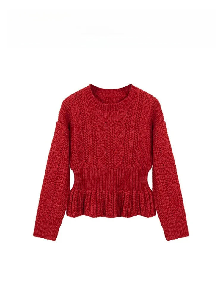 

Модный красный вязаный свитер для женщин, топ с завышенной талией, новинка весны, комфортный, средней плотности, длинный, круглый вырез...