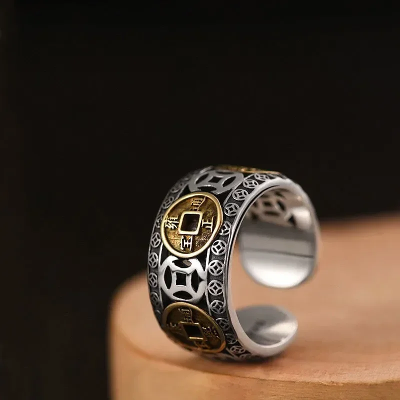 Retro Five Emperors Money Ring Men Trendy Cold Style Single Ring Anti Thai Silver Copper Coin Open Adjustable Band