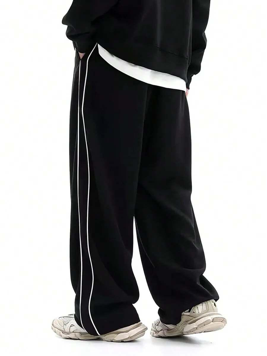 Men Casual Loose Wide Leg Pants With Side Stripe And Pockets For Fall
