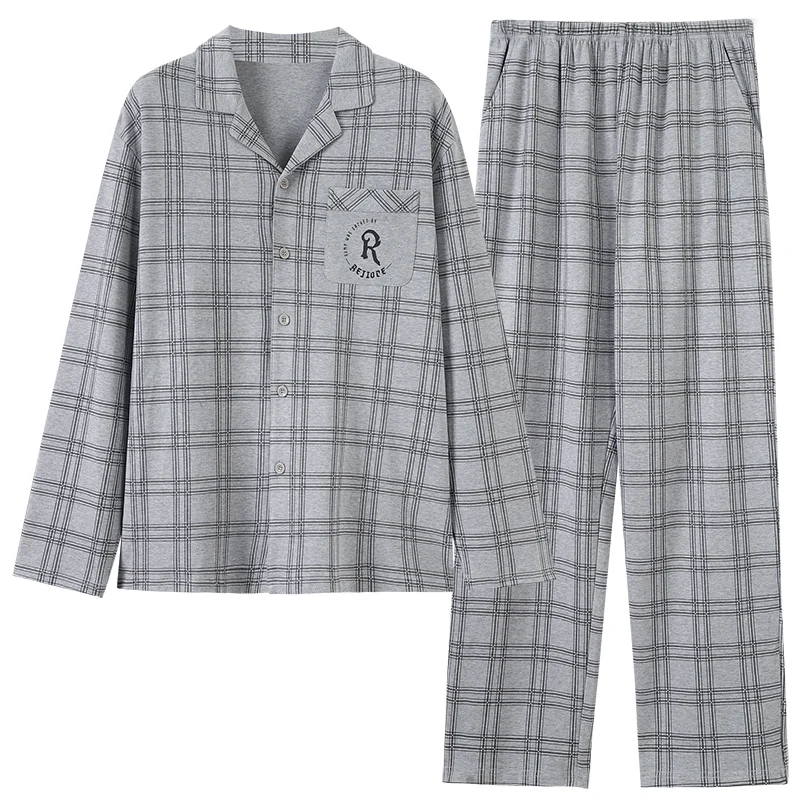 Newest M-4XL Spring and Autumn Men Pajamas Set 100% Cotton Turn-down Collar Plaid Pijama