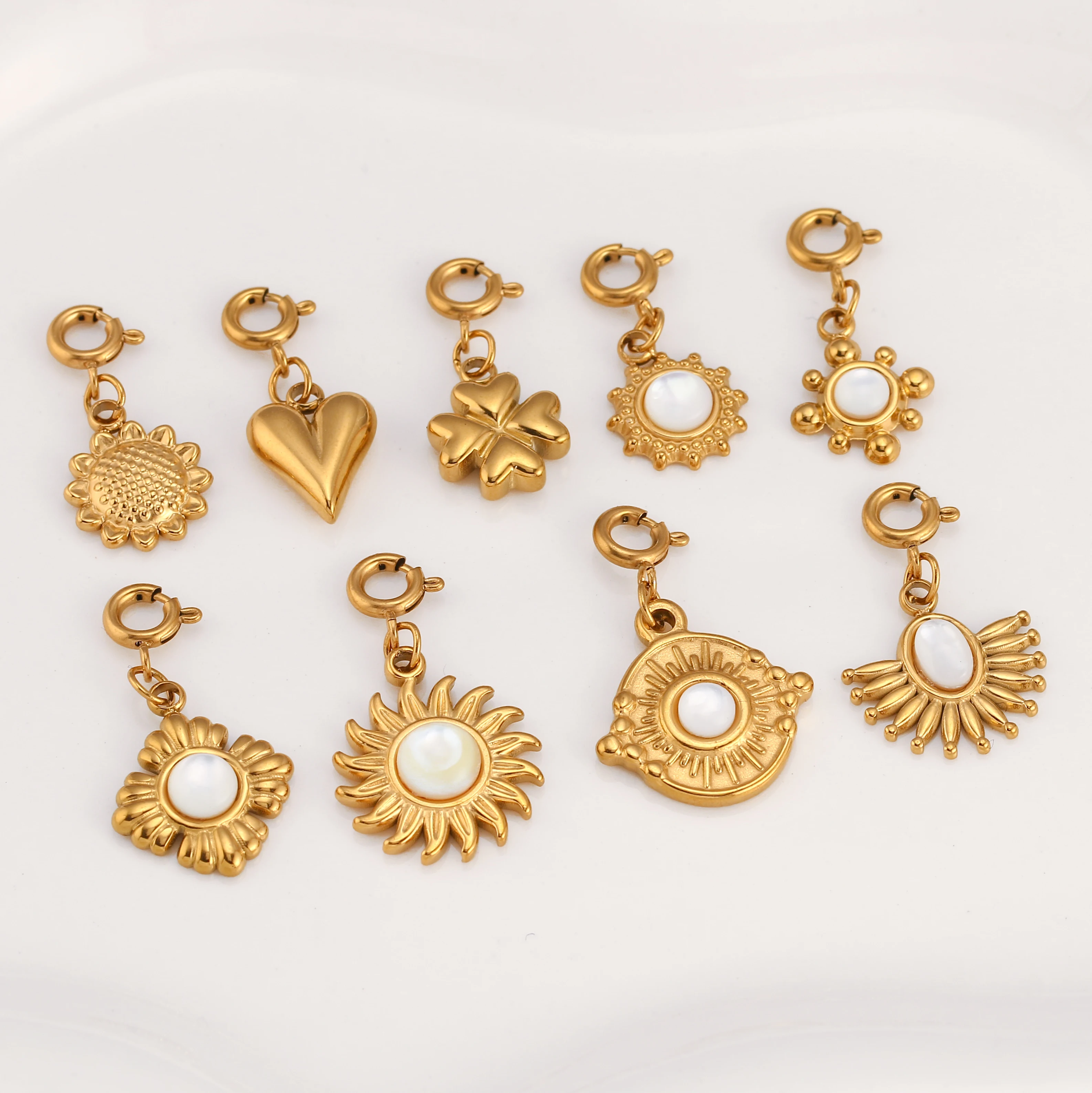 Natural Shell Charm Stainless Steel Sun/Heart/Sunflower/Clover Charms With Buckle Necklace Earring Pendants DIY Jewelry Making
