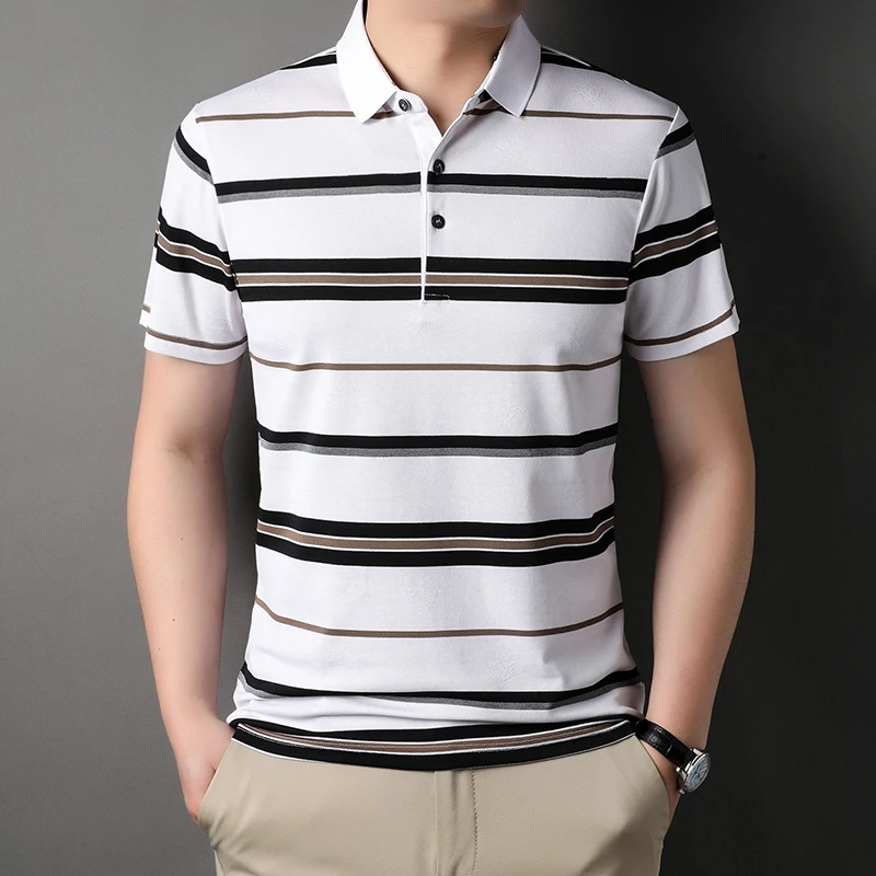 Yarn Dyed Fabric Luxury Polo Shirts For Men Short Sleeve Striped Summer Quality Cotton Blends Oversized Casual Camisas De Hombre