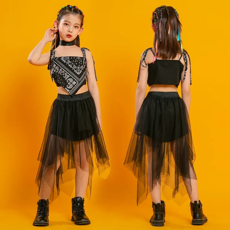 Kids Punk Streetwear Jazz Costume Girls Hip Hop Clothing Crop Top Cargo Pants Neck Mesh Skirt Sets Teenage Street Dance Clothes