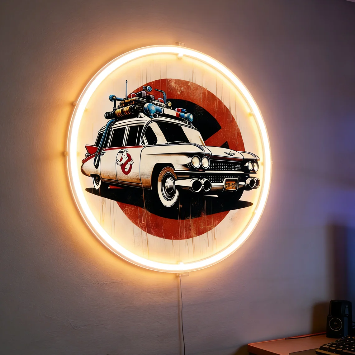 Car Vintage Neon Sign Retro Round Wall Art Movie Vehicle Decor Bar Gaming Room Bedroom Decor