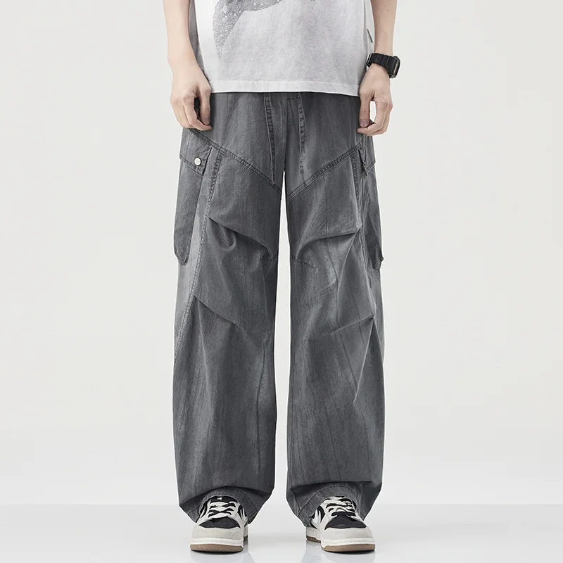 

Американские свободные прямые рабочие брюки в стиле ретро для мужчин, повседневные, с множеством карманов, в японском стиле, для весенне-летнего и осеннего сезонов