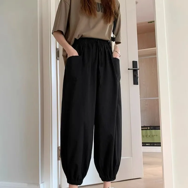 

2024 New Women's Summer Solid Color Pocket High Waist Casual Slim Fit Loose Tie Feet Wide Leg Cotton and Hemp Lantern Crop Pants