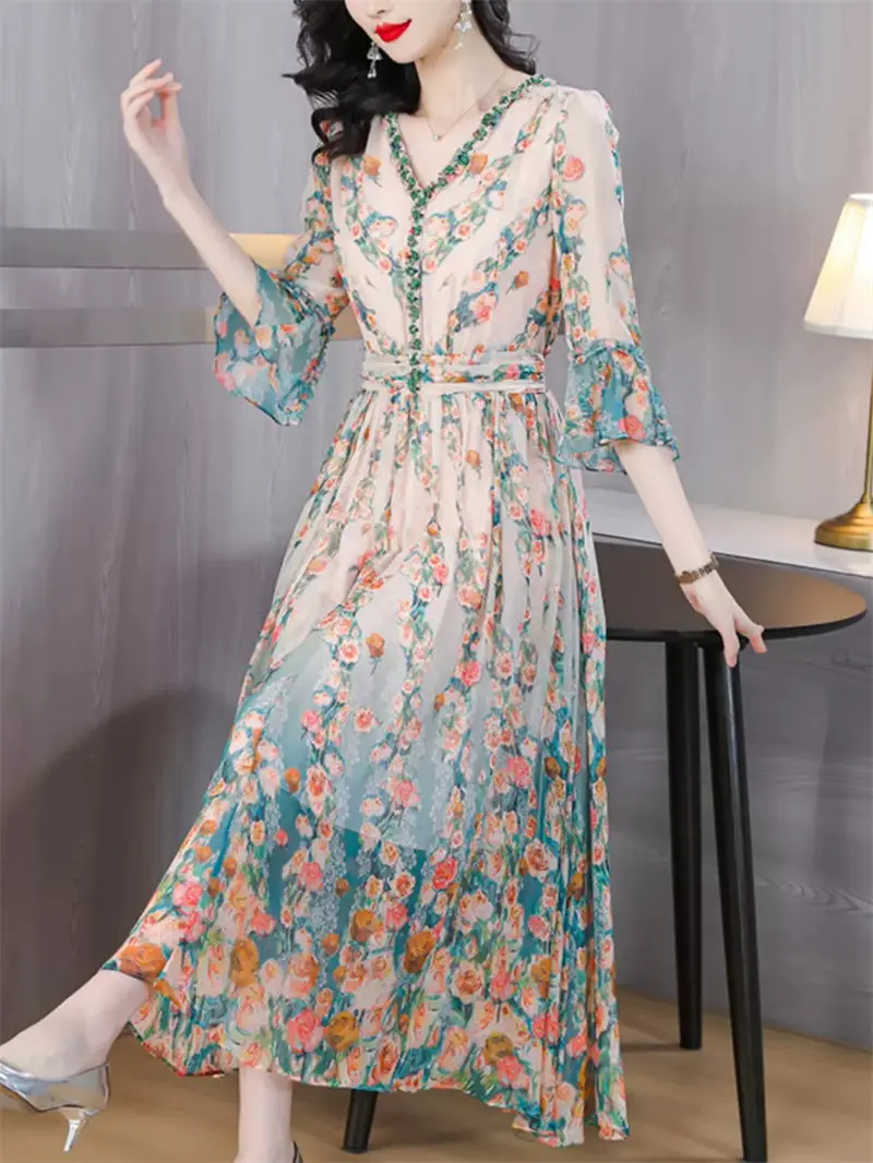 

Retro V-Neck Printed Silk Dress For Women's Summer High-End Temperament Mid Length A-Line Dress Elegant Party Vestidos Z1655