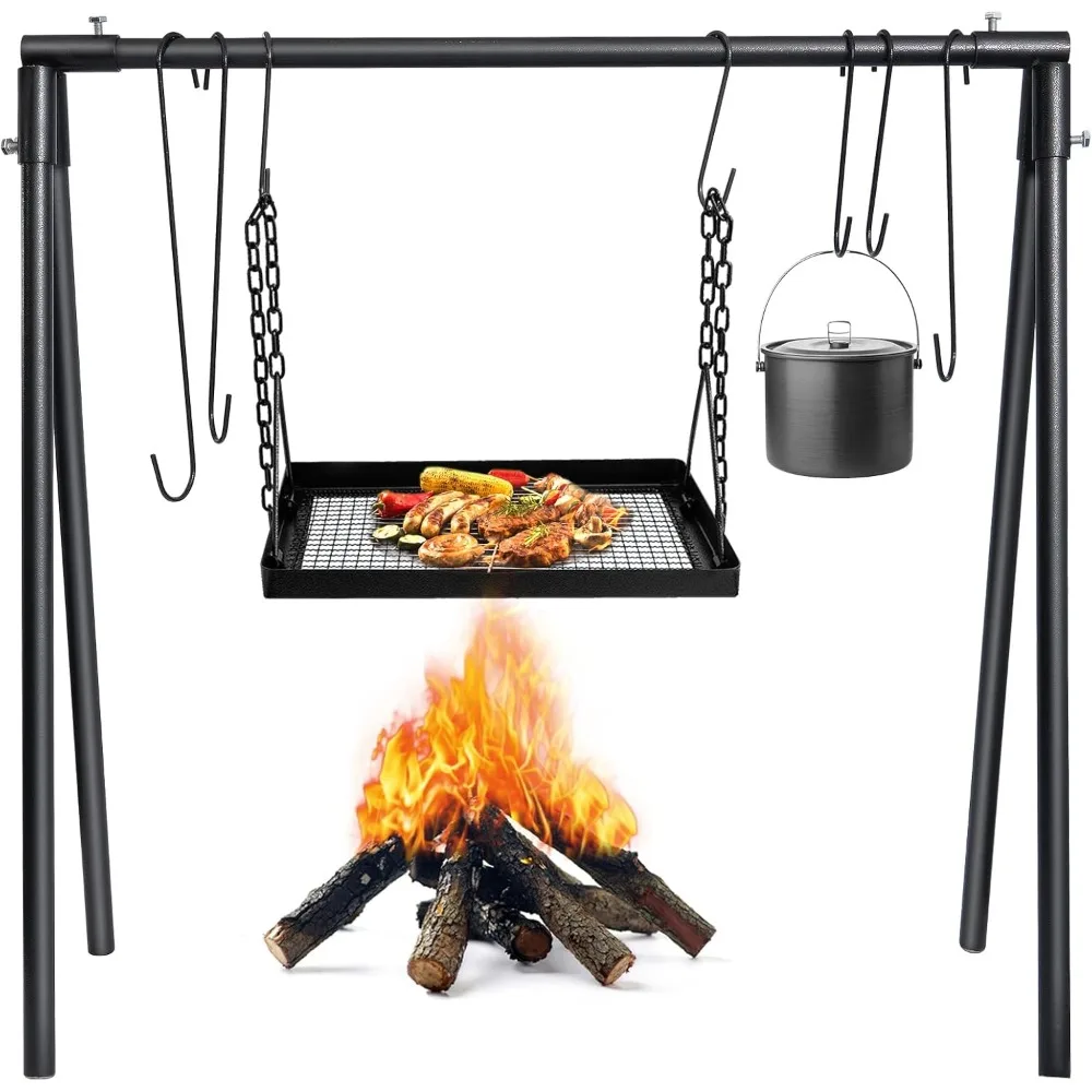 Campfire Swing Cooking Grill Stand, Portable Hanging Cooking Rack with Removable steel pipe Adjustable Grill Grate and Hooks