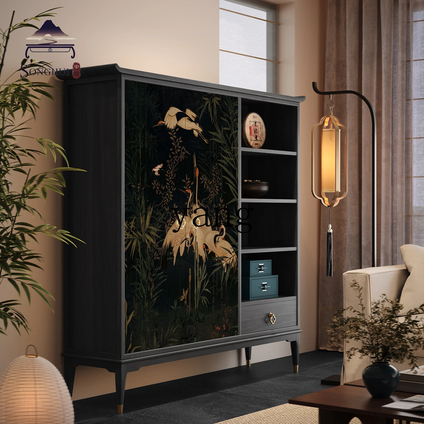 LMM new Chinese pure solid wood living room integrated wall tea storage cabinet Song Dynasty aesthetic side cabinet