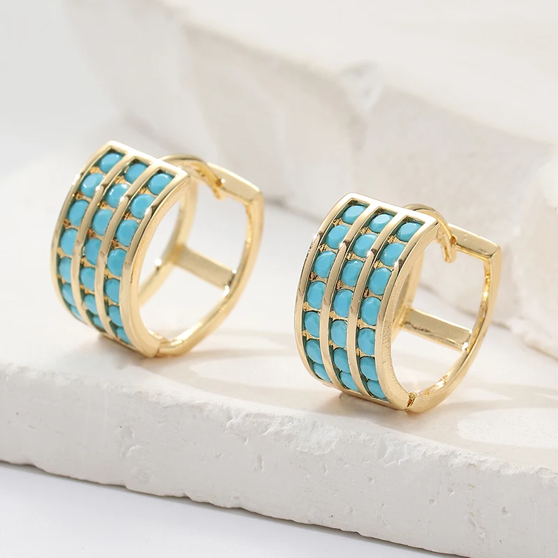 Inlay Square Imitation Blue Turquoise Hoop Earrings For Women Classic Gold Plated Small Ear Buckle Wedding Jewelry