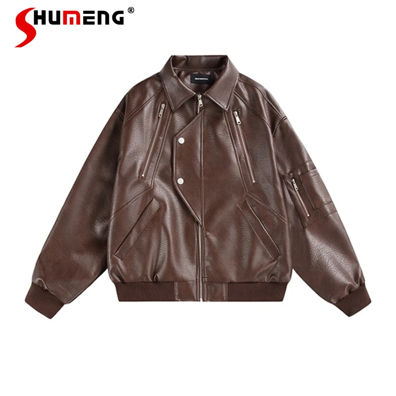 

Мужские весенне-осенние новые стильные пальто 2024, однотонные мотоциклетные куртки, пальто из искусственной кожи в американском стиле в стиле ретро с двойной молнией