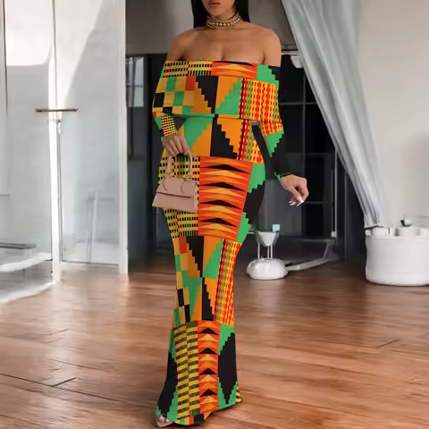 Plus Size African Geometric Off-Shoulder Long Sleeve Maxi Dress - Women's Vibrant Cultural Party Evening Resortwear