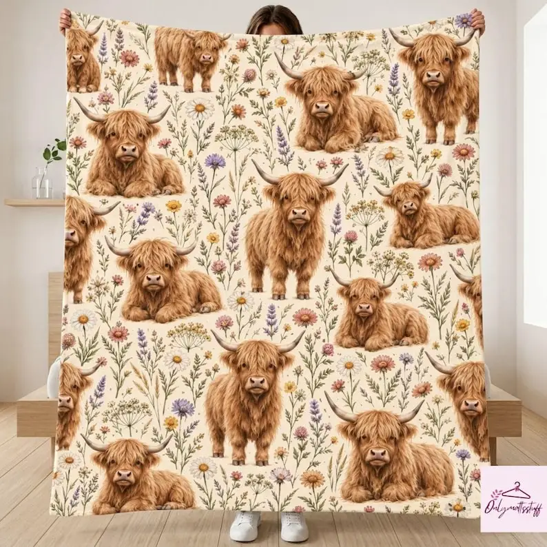 Cute Highland Cow Fleece Blanket, Wildflower Highland Cattle Bedding, Western Farmhouse Home Decor, Birthday Gift for Her or Mom