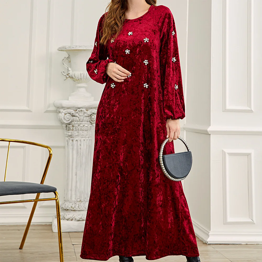 Vestido modesto de invierno abaya dubai de lujo Falda larga de terciopelo rojo oscuro ropa islámica sólida bata árabe invierno uae abayas BA717