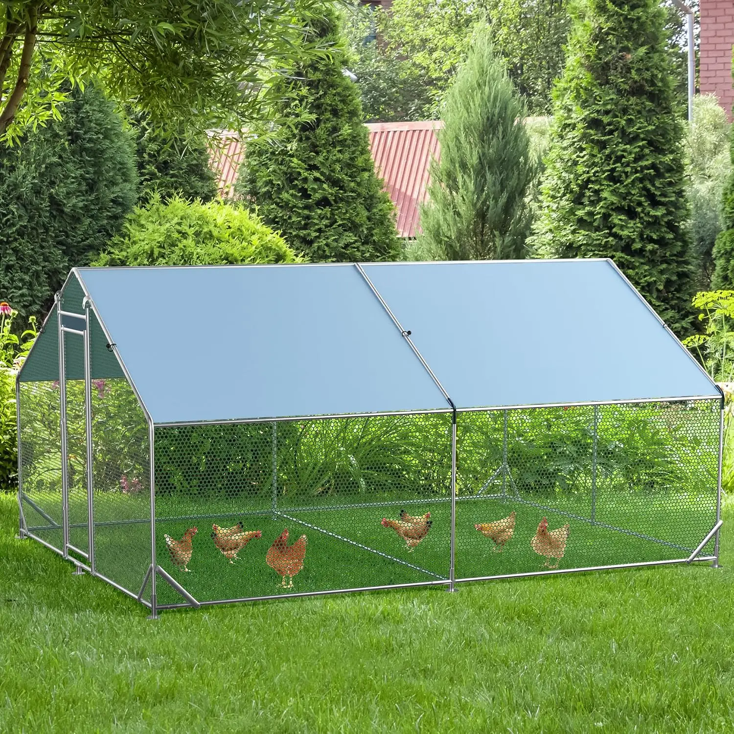 Garvee 3×4×1.95m Poulailler en acier galvanisé avec toit imperméable, grande cage de parcage pour volailles, enclos métallique gris argenté pour poules, canards et cailles pour ferme et jardin